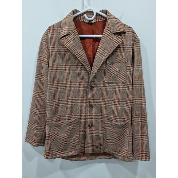 Vintage Montgomery Ward Retro Plaid Brown Orange Tan Jacket Blazer Size Medium - Picture 1 of 5